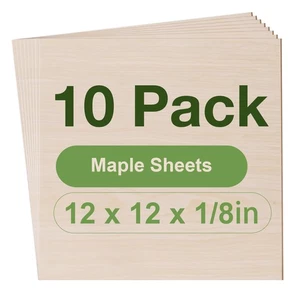 Rowood 10 Pack Maple Plywood 1/8,12x12x1/8inch,3mm Wood Sheets Thin Unfinished - Picture 1 of 9