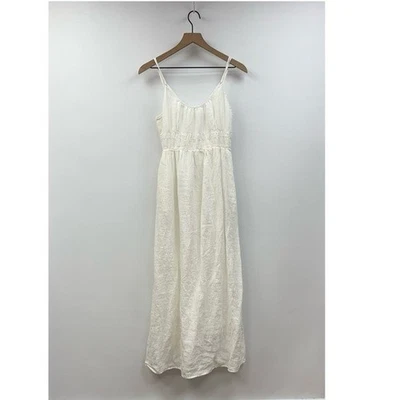 J. Maxi Vestido Crew 100% Lino Cuello Redondo Correa de Espagueti Cottage Pradera Blanco 4 Foto 1 de 4