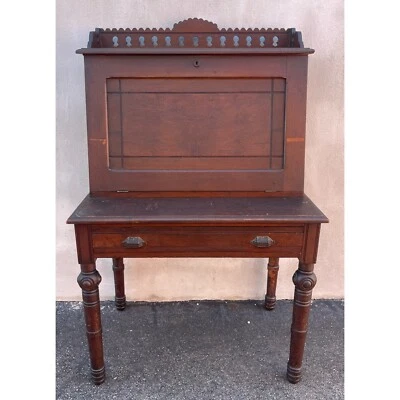 Антикварный викторианский секретарский стол 1880-х с откидной передней панелью - Изображение 1 из 4