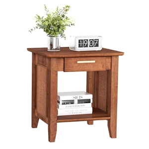 Boho Style Nightstand 3-Tier Sofa Side End Table w/ Drawer & Shelf Walnut - Picture 1 of 8
