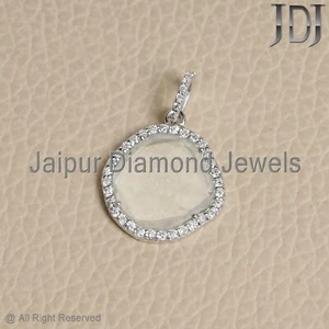 Solid 14k Weiss Gold Natürlicher Diamant Scheibe Polki Anhänger Viktorianisch - Bild 1 von 8