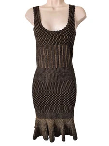 Torn By Ronny Kobo Knit Dress Fitted Sz S Black Gold Slvless Hemline Ruffle - Picture 1 of 15