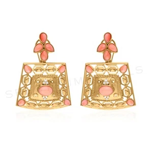 SI/H Diamond Coral Gemstone Dangle Earrings 18k Yellow Solid Gold 5.42 Tcw - Picture 1 of 10