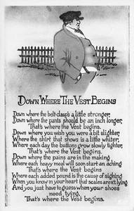 Burton Frasher "Down Where the Vest Begins" cartolina vintage anni 40 RPPC Frasher scherzo - Foto 1 di 2