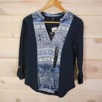Lucky Brand 女式 S 码海军蓝印花衬衫纽扣上衣卷片袖波西米亚 — 第 1/4 张图片