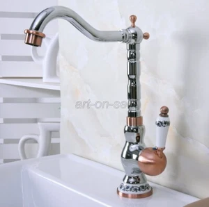 Chrome & Red Copper Swivel Spout Kitchen Sink Vessel faucet Basin Mixer Tap - Picture 1 of 10