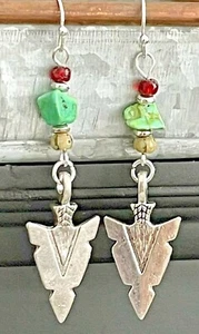 Turquoise, Red & Etched Silver Arrow Dangle Earrings. Boho Chic. Southwest. - Picture 1 of 3