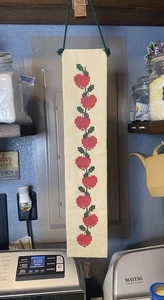 VINTAGE Handmade Cross Stitch APPLE Wall Hanging w/ Bell 24” Red Apples - Picture 1 of 11