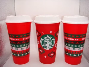 LOT OF THREE STARBUCKS 16 OZ. HOLIDAY COFFEE TEA REUSABLE PLASTIC CUPS WITH LIDS - Picture 1 of 8