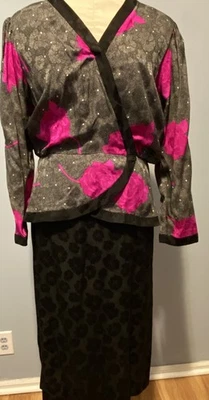 Винтажный 90-х Adrianna Papell черный розовый цветочный пеплум 100% шелк платье шикарный большой - Изображение 1 из 4