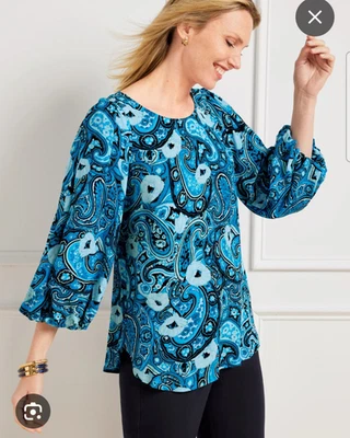 Blusa Talbots Feminina Nova Com Etiqueta Azul Abstrato Paisley Manga 3/4 Tamanho 1X - Imagem 1 de 4