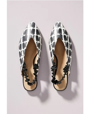 Anthropologie Slingback Flats с оборками черная кожа цвета слоновой кости Jemma 39 8 - Изображение 1 из 4