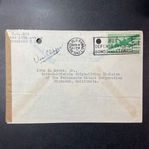 1942 Hawaii HonoluluCENSORED AIRMAIL COVER  California VIA CLIPPER Defense Bond - Picture 1 of 2