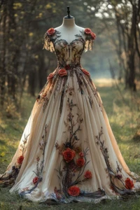 Vestidos de novia Champagne 3D florales mangas cortas línea A vintage bosque nupcial - Imagen 1 de 9