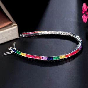 Top Silver Plated Rainbow Cubic Zirconia Crystal Square Women Charms Bracelet  - Foto 1 di 10