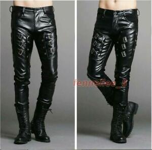 Buckle Gothic Motorcycle Mens Faux Leather Skinny Trousers Casual Pants 29-38