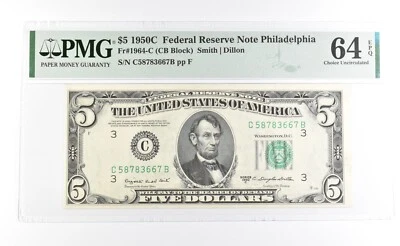 PMG 64 Unc EPQ 1950 C $5 Philadelphia, PA US FRN Green Seal Fr#1964-C *1037 - Image 1 of 3