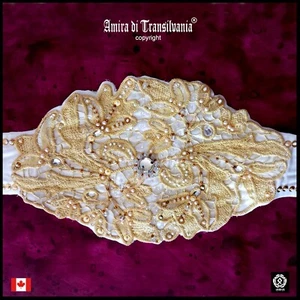 women belt faux leather italian fashion rhinestone royal macrame gold white big - Picture 1 of 12