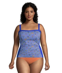 Lands End NEW 12 Bandeau Swimsuit Tankini Top Electric Blue Floral Check UPF50 - Picture 1 of 16