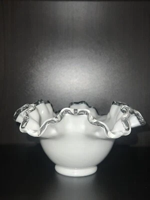 Fenton Silver Crest White Milk Glass Ruffled 7”Diameter Bowl Dish Vintage - Image 1 of 4
