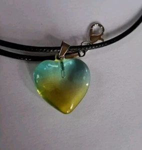 Cute Clear Blue/yellow heart pendant & black cord necklace 🩵 18" In Pouch - Picture 1 of 4