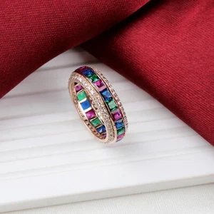 925 Sterling Silver Rainbow Princess CZ Channel Setting Women Wedding Band Ring - Picture 1 of 8