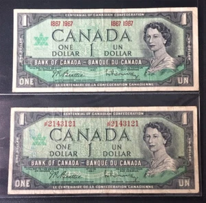 1967 Canada, $1 Banknote (X2), Centennial, Date & Serial Number Versions - Picture 1 of 2