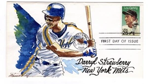 #2417 Lou Gehrig Baseball 1989 FDC Wild Horse Hand-Painted Darryl Strawberry - Picture 1 of 2