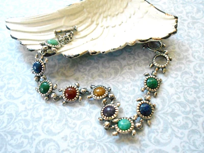 Sterling Silver Carolyn Pollack Multi Stone Turtle Link  7.5" Bracelet    A59-8 - Image 1 of 4