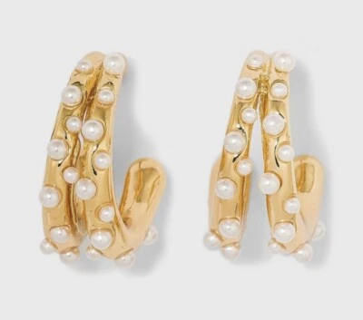 SUGARFIX by BaubleBar Faux Pearl and Gold Tone Double Hoop Earrings - Image 1 of 4
