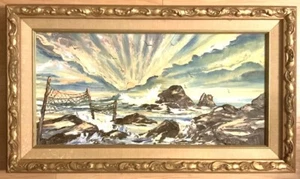HERSCHEL E. FULLEN DIPINTO PAESAGGIO OLIO ORIGINALE 29x17 Tramonto Starburst - Foto 1 di 5