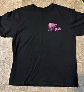 Stussy Dice New York LA Tokyo London Paris Graphic Black Pink T Shirt Medium - Picture 1 of 8