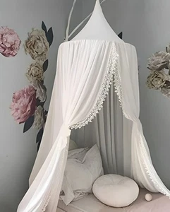 Kids Bed Canopy with Pom Pom Hanging Mosquito Net for Baby Crib Nook Castle G... - Picture 1 of 9