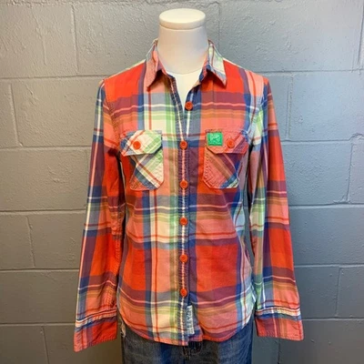 Superdry Camisa Clásica Franela a Cuadros Mujer Pequeña Naranja Azul Verde Parches en el Codo Foto 1 de 4