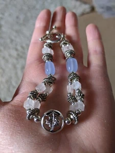 Metal Canadian Maple Leaf Bracelet, Pale Pink and Blue beads - One size - Picture 1 of 5