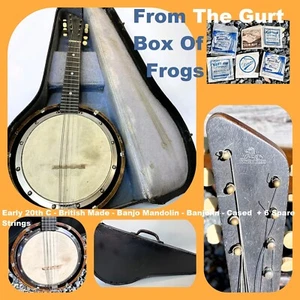 Early 20th C - British Made - Banjo Mandolin - Banjolin - Cased + 6 Strings - Picture 1 of 24