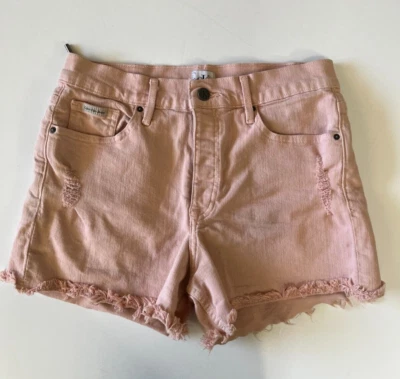 Calvin Klein Pink Rose Denim Jean Shorts Sz 28 Distressed Ripped Button Up - Image 1 of 4