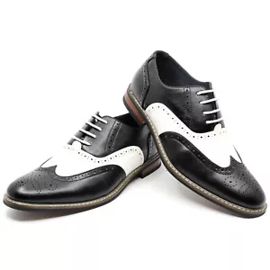 Zapatos de vestir Oxford con cordones y punta de ala perforada de dos tonos negros blancos para hombre - Imagen 1 de 12