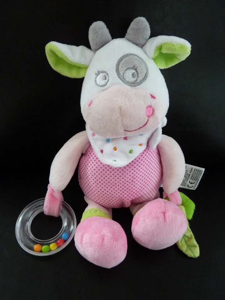 *. DOUDOU PELUCHE MOTS D'ENFANTS VACHE ROSE VERT BLANC ANNEAU BILLES NEUF* - Photo 1/3