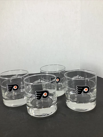 Set of 4~NHL Philadelphia Flyers/ Jack Daniel’s ®️Low Ball Whiskey Glass- Hockey Cover