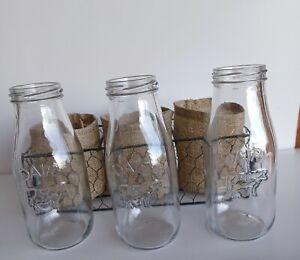 Farmhouse Wire Basket With 3 Clear Milk Bottles 10 X 6 X 3 Rustic Cottagecore 