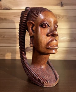 Hand Carved Wooden Female Bust Carving in African Padauk Coral Wood - Picture 1 of 12