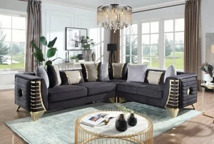 NEW Black Gold 112" Sectional Sofa Two-Tone Velvet Contemporary Glam Living Room - Picture 1 of 6