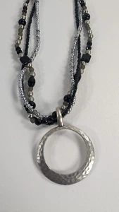 Premier Design Beaded 3-Strand Necklace Black & Silver Hammered Circle Pendant - Picture 1 of 7