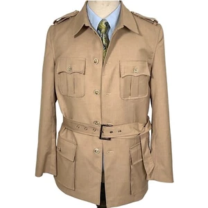 Vaughti's Jacket Men 42 Tan Safari Belted Military Short Trench Coat Mod VTG - Picture 1 of 11