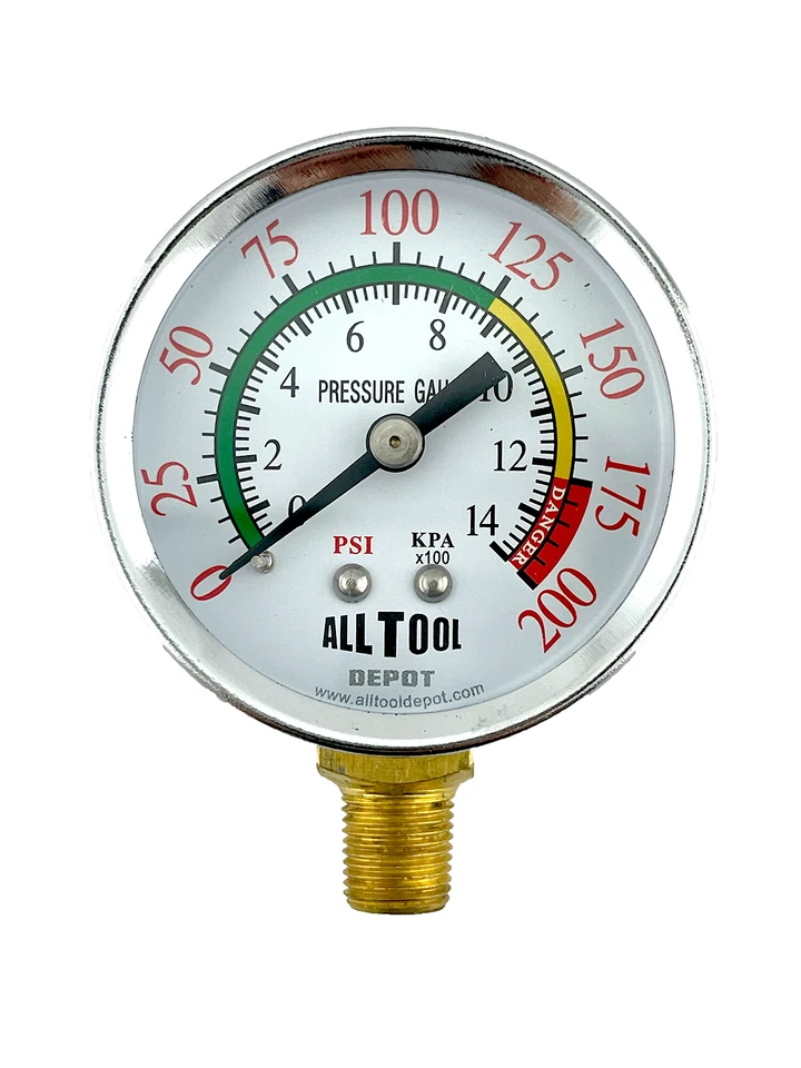 Air Pressure Gauge 2" Dial Side Mount 1/8"NPT - 0 to 200PSI Color Coded - Image 1 of 4