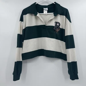 Disney Bambi Top Women XL Green Long Sleeve Cropped Rugby Stripes Preppy - Picture 1 of 12