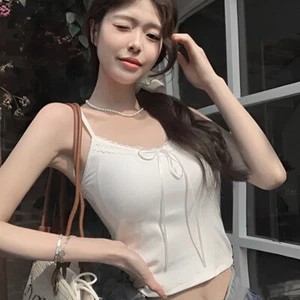 Lace Spaghetti Strap Tops Women Sweet Solid Sleeveless Camisole With Chest Pads - Picture 1 of 13