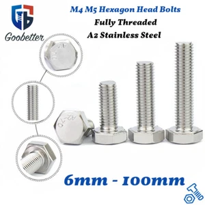 Tornillos de juego de cabeza hexagonal M4 M5 totalmente roscados pernos de acero inoxidable A2 6 - 100 mm - Imagen 1 de 10