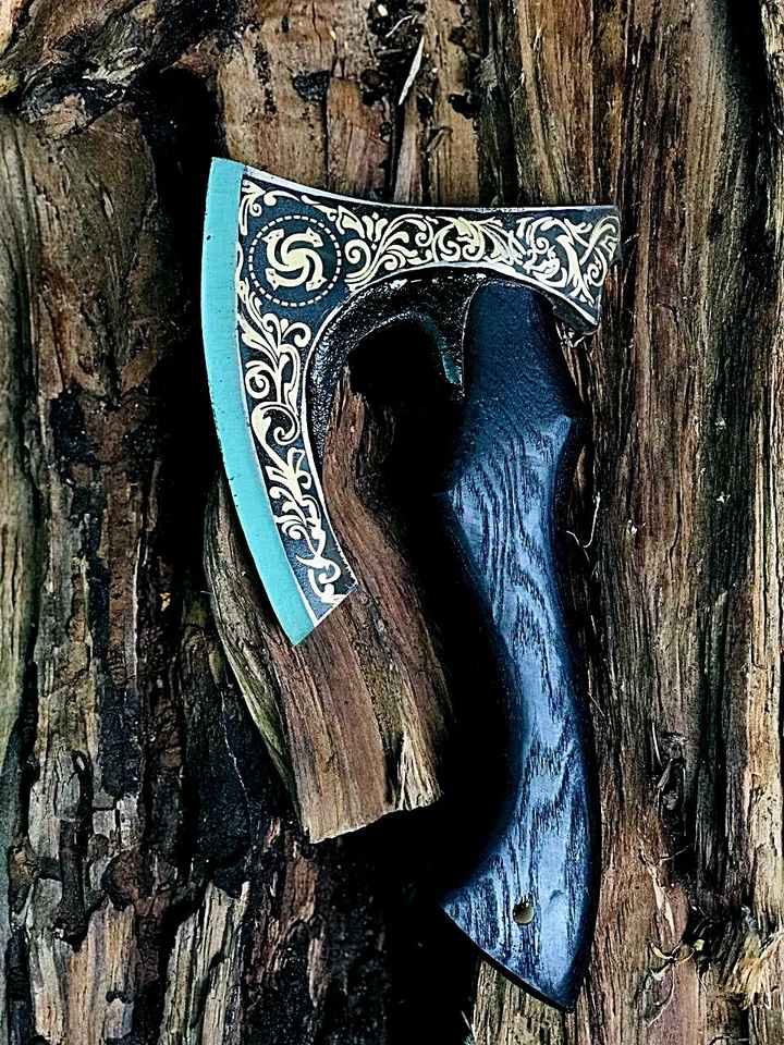 CUSTOM HANDMADE AXE SPECAIL VIKING AXE GOLDEN ECTHED BLADE & ASH WOOD HANDLE AX - Image 1 of 4